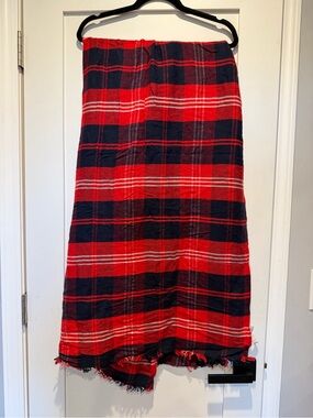 LOFT Red and Navy Plaid Scarf with Frayed Hem
